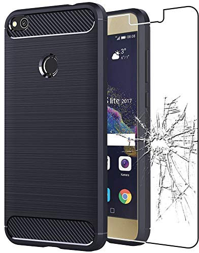 ebestStar - Funda para Huawei P8 Lite (2017), Carcasa Capa Protectora Carbono TPU, Antigolpes, Azul Oscuro + Cristal Templado