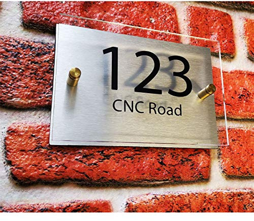 Personalised House Number Plaque Door Sign And Street Name Multiple Designs With Brushed Aluminium Backing Plate With Clear Acrylic And Gold Bolts