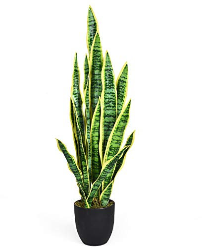 COSTWAY Plante Artificielle Déco. Interieur Sansevieria Trifasciata Bord Jaune avec Pot et 20 Feuilles Vert Arbre/Fleur Artificielle - H 90 CM pour Décoration Magasin, Bureau,Jardin,Extérieur