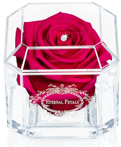 A 100% Real Rose That Lasts Years - Eternal Petals, Handmade in UK – White Gold Solo with A Multicolor Swarovski Crystal (Fuchsia)