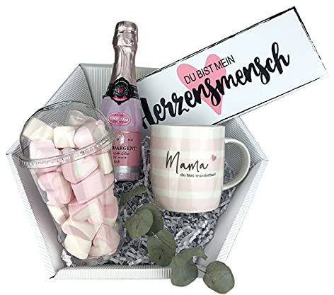 Geschenk für Mama - Sekt- besonderes Geschenk - Tasse - Marshmallows in Herzform - Muttertag -Schild Herzensmensch - Eukalyptus - Präsentkorb - inkl. Geschenkverpackung