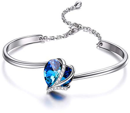 AOBOCO Herz Armband Sterling Silber Damen Herz Armreif mit Blau Kristallen, Geburtstag Jahrestag Hochzeitstag Geschenke für Sie Mutter Frauen Freundin