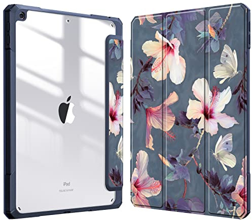 FINTIE Hybrid Case for iPad 9th / 8th / 7th Gen (2021/2020/2019) 10.2 Inch | Shockproof Clear Cover, Built-in Pencil Holder, Auto Wake/Sleep, Hibiscus