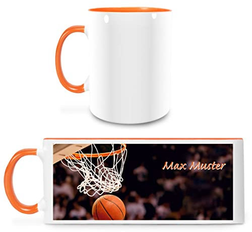 Manutextur Tasse mit Namen - personalisiert - Motiv Basketball - viele Farben & Motive - weiß/orange - persönliches Geschenk mit Wunsch-Motiv und Wunsch-Name
