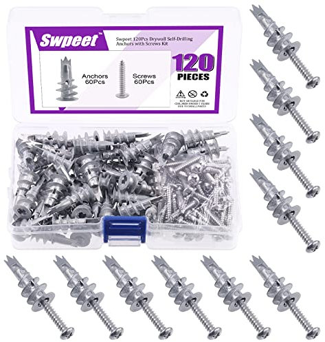 Swpeet 120Pcs Heavy Duty Zink selbstbohrende Trockenbau-Anker mit #8 x 1-1/4'' Schrauben Kit, keine Vorbohrung Loch Vorbereitung erforderlich - selbstschneidende Trockenbau-Anker