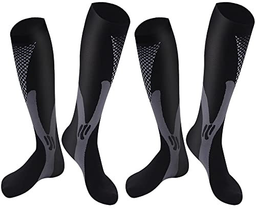 Odtmger Kompressionsstrümpfe Damen & Herren (2 Paar) Kompressionsstrümpfe 20-30mmHg Stützsocken kniehohe gepolsterte abgestufte Stützstrümpfe für Laufen, Sport, Reisen (L/XL, Black)