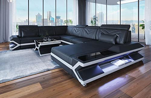 XXL Sofa Wohnlandschaft Napoli als Ledersofa in U-Form Couch mit LED-Beleuchtung und Kopfstützen (Ottomane rechts, Schwarz-Weiß)