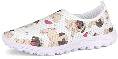 POLERO Süße Mops-Schuhe für Damen, lässige Mesh-Schuhe mit Cartoon-Hündchen, atmungsaktive Slip-On-Wanderschuhe, EU40