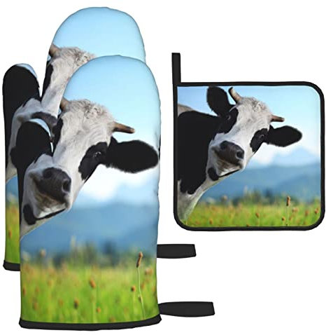 Ofenhandschuhe und Topflappen mit niedlichem Kuh-Muster, rutschfest für Küchen, Grillen, Kochen, Backen