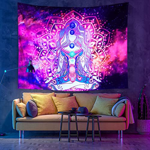 Lsimeru UV Wandteppich Leuchtet im Dunkeln 150x200 Wanddeko Wandtücher Yoga Lotus Silhouette Chakren Bunt Wandbehang Wandtuch für Schlafzimmer Wohnzimmer