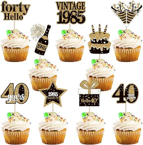SYKYCTCY 36 Pack Vintage 1985 Cupcake Toppers cheers to 40th Birthday Cupcake Picks Hello Forty Birthday Cupcake Decorations for Happy 40th Birthday Wedding Anniversary Party Supplies