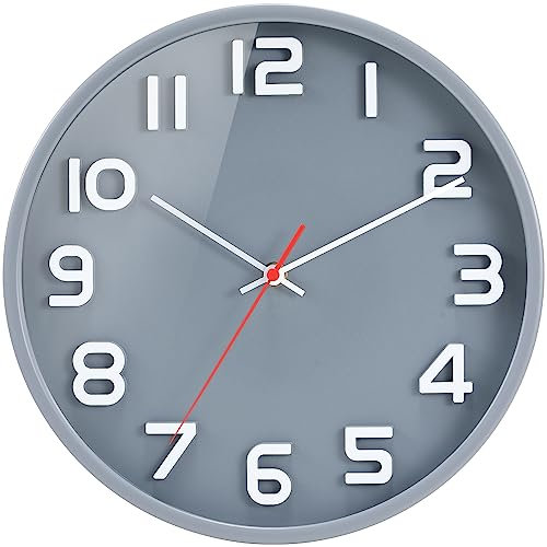 Wall Clock 12 Silent Non-Ticking Quartz Decorative Wall Clock 3D Large Number, Modern Style Good for Living Room & Home & Office Battery Operated(Grey)