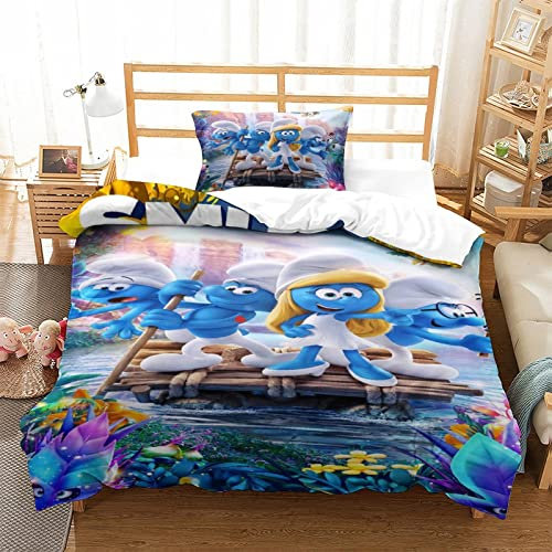 CIFEAR Smurfs Bettwäsche Bettbezug 3D-Druck,Bettwäsche-Set Bettbezüge Mit Kissenbezug ,Kinderbettwäsche Jungen Und Mädchen Single(135x200cm)