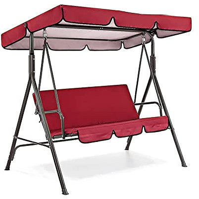 Swing Cover Set, Hanging Swing Bench, Garden Courtyard Swing with Canopy, 3-person Porch Swing Chair Bench, Red