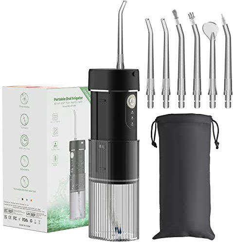 GEEDIAR Irrigatore dentale IPX7 impermeabile irrigatore a bocca con 6 ugelli, 190 ml retrattile Irrigatori orali portatili, 3 modalità, USB ricaricabile, pulizia denti, adatto per viaggi e casa nero