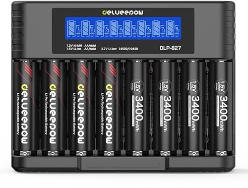 Delyeepow AA Akkus Wiederaufladbare mit Ladegerät, 3400mWh 1.5V Lithium Wiederaufladbare Batterien AA, Akku Ladegerät mit LCD Anzeige 8 Slots Schnelles USB-Laden, 1500 Zyklen