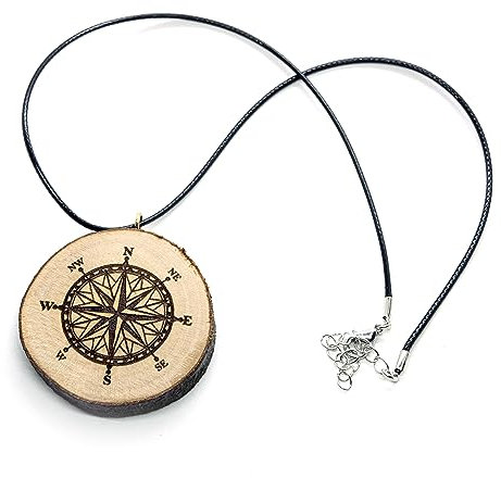 Pendentif en bois naturel avec boussole, rose des vents, nautique, exploration, Taglia unica