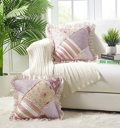 Brilliant Sunshine Gesteppte dekorative Kissenbezüge mit Rosette und Streifen, Patchwork-Rüschen, quadratisch, für Couch, Sessel, Auto, Bett, 45,7 x 45,7 cm, 2 Stück, Rosa