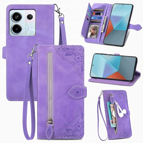 MOJIA Coque Porte Monnaie pour Xiaomi Redmi Note 13 Pro 5G / Poco X6 5G, Etui Portefeuille en Cuir PU avec Cover en TPU, Etui Multifonctionnel Porte-Cartes avec Dragonne. Violet