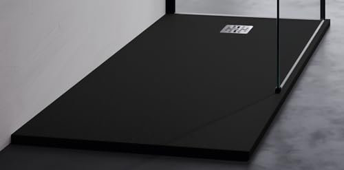 Novellini Novomatt Duschwanne, 120 x 90 cm, Höhe 3 cm, Schwarz, Anthrazit, ultraflach, dünne Installation, zuschneidbare Halterung, Mineralsolid, Oberfläche Textur in Steinoptik, inklusive