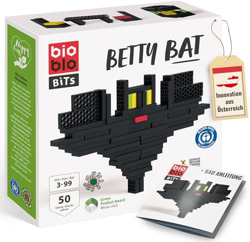 bioblo Bits | 50 Bausteinen | Nachhaltige Bausteine für Kinder ab 3 Jahren | Bunte Holzbausteine Kinderspielzeug | STEM Montessori Spielzeug Bauklötze & Balanciersteine | Stapelspielzeug (Betty Bat)