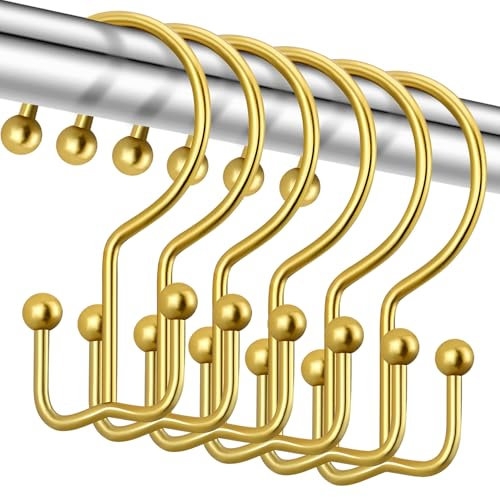 CHICTIE Gold Shower Curtain Hooks, Double Shower Curtain Rings, Stainless Steel Shower Curtain Hooks Rings Rust Proof, Anti-Drop Shower Hooks Hangers for Shower Curtain Rods Bathroom (12 Pack)