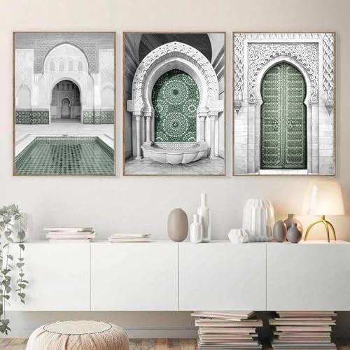 SnipSa Marokko-Moschee Leinwandgemälde Wand Bilder islamische grüne Poster Kunstdrucke Wandbild Wohnzimmer Sofa Hintergrund Heimdekoration 50 x 70 cm x 3 ungerahmt