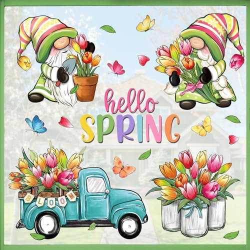 Mfault Hello Spring Gnome Window Clings 4 Sheets, Tulip Flower Teal Truck Mason Jar Farmhouse Wall Stickers Decal Decorations, Floral Bloom Butterfly Seasonal Living Room Home Kitchen Decor