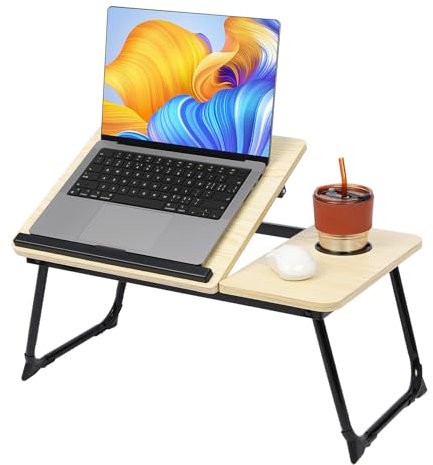 EDWINENE Laptop-Tisch, Betttisch mit klappbaren Beinen, Faltbarer und höhenverstellbarer Betttisch mit Getränkehalter für Sofa, Sessel beim Arbeiten, Lernen (WEIß)