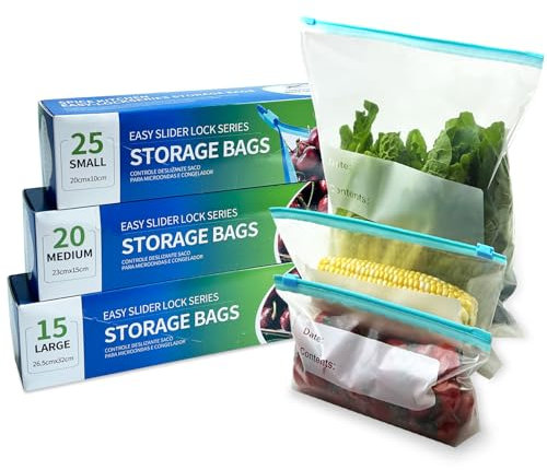 Generic 60 sacchetti per alimenti, riutilizzabili con chiusura a zip e cursore resistente, ermetici, con fondo espandibile, senza BPA (3 dimensioni)