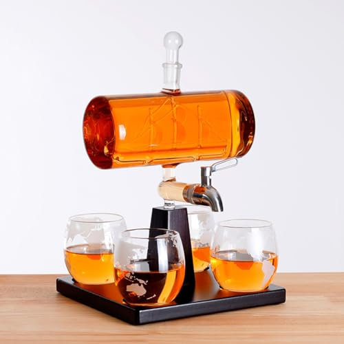 Whiskey Decanter Ship Set, 1100ML Carafe Alcohol Dispenser with 4 Glasses, Pine Base, with Decanter Brush, Rum Holder Alcohol Decanter for Dad