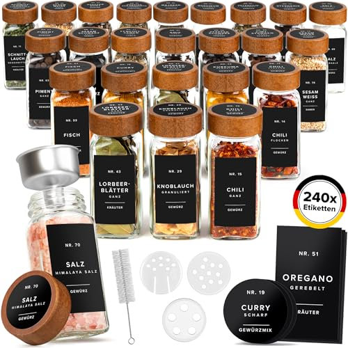 EDELHAUS® Gewürzgläser Eckig mit Bambus Holzdeckel (24 Stück) Gewürzdosen mit Streueinsatz und 240 Etiketten - Bambusdeckel Glasbehälter für Gewürze Organisation [11cm x 4,5cm]