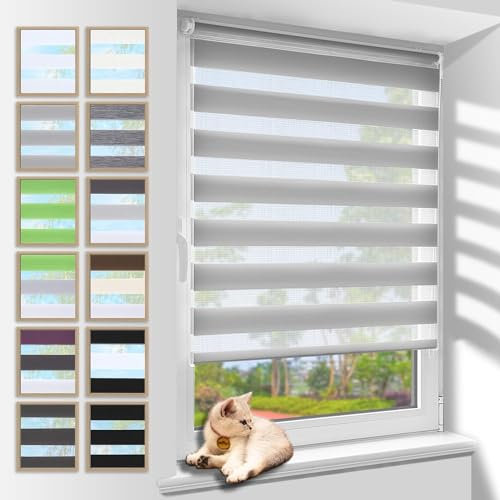 Zarnan Doppelrollo Klemmfix ohne Bohren Grau 95x220cm(Stoffbreite 91cm) Duo Rollo Blickdicht Zebrarollo Rollos für Fenster ohne Bohren für Wohnzimmer Küche Büro lichtdurchlässig und verdunkelnd