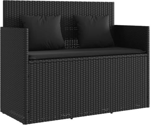 vidaXL Gartenbank mit Kissen, Sitzbank mit Staufach unter Sitzfläche, Parkbank mit abnehmbaren Bezügen, Außenbank Outdoor Bank, Schwarz Poly Rattan