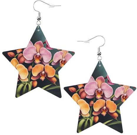 Bunte Orchideen-Muster, Leder-Stern-Ohrringe, stilvoll und schön, leicht, baumelnd für Damen und Mädchen, Einheitsgröße, Leder