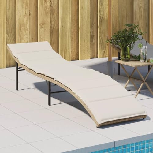 Homgoday Sonnenliege mit Kissen beige 55 x 199 x 50 cm aus Polyrattan, Sonnenliegen, Gartenmöbel, Pool-Liege, Sonnenliege für den Garten