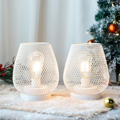 JHY DESIGN Set da 2 lanterne LED in gabbia di metallo, Lampada a batteria senza fili, Luce decorativa con LED, ideale per matrimoni, feste, eventi in patio, per interni ed esterni (bianco)
