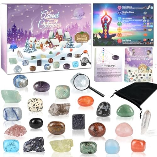 Kristall Adventskalender 2024, 24 Tage Weihnachten Countdown Natürlicher Chakra Heilstein Rock Spirituelle Geschenke für Erwachsene Frauen, Neuheit Mineralien Fossilien Lernen Sammlung Kit für Jungen