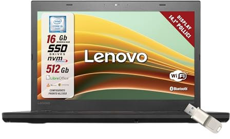 Lenovo ThinkPad, Pc Portatile Intel i5-6200U 2 Core 2.3Ghz, Ram 16Gb SSD 512Gb, Display 14.1 HD, Win 10, Notebook Pronto all'uso con Libre Office, Omaggio Chiavetta USB FingerPrint (Ricondizionato)