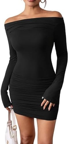 Haibang Figurbetontes Kleid Damen Elegant Schulterfreies Kleid Sexy Langarm Minikeid mit Rüschen Bodycon Bleistiftkleid Freizeitkleid Off Shoulder Partykleid Cocktailkleid Clubbing Kleid Kurz