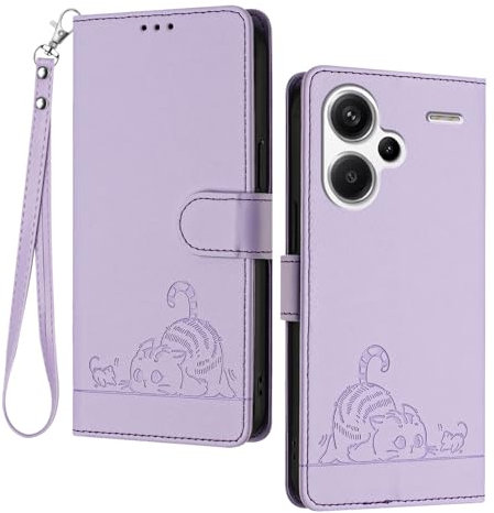 GOGME Cover per Xiaomi Redmi Note 13 Pro+ Plus 5G - Gatto Carino in Rilievo in Pelle Portafoglio Custodia con/Slot per Carte/Blocco RFID/Funzione Stand, Viola