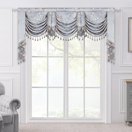 TOPLUXE Swag Volant Vorhang für Schlafzimmer Esszimmer Wohnzimmer Küche, Damast Kurzstore Waterfall Volant-Vorhang für Fenster 1 Stück (Breite 200cm, Graublau)