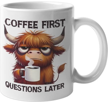 Funny Coffee Mugs with Cute Animal Design - 11oz Ceramic Cup with Hilarious Coffee Quote - Gift for Coffee Lovers (11oz, Highland Cow (Coffee First, Questions Later))