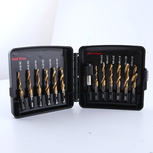 GOLD DEER 13 PCS Combination Drill and Tap Bit Set Drill and Tap Bits Set with Quick Change Adapter SAE (6-32NC to 1/4-20NC) and Metric Drill Bit Set (M3 to M10) 3-in-1 Screw Tapping Bit Tool