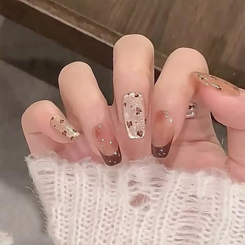 30PCS Leopard Print French Tip Press on Nails – Short Cat Eye Stick On Fake Nails, Reusable & Durable Acrylic Nails for Women & Girls, Elegant DIY Manicure at Home