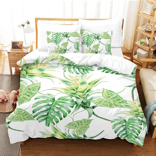 HOMHOMHA Bettwäsche 200x200 Grün Dschungel Botanisch Pflanze grüne Blätter Bettwäsche-Set Bettbezug 200x200cm und 2 Kissenbezug 80X80cm Geschenk zum Geburtstag Weihnachten