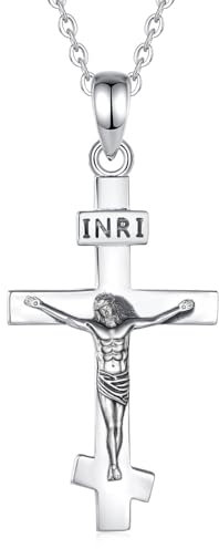 INFUSEU Crucifijo Collar para Los Hombres, Plata 925 Cruz Colgante Jesús Ortodoxa Joyería Católica Religiosa De Protección para Los Hombres Las Mujeres