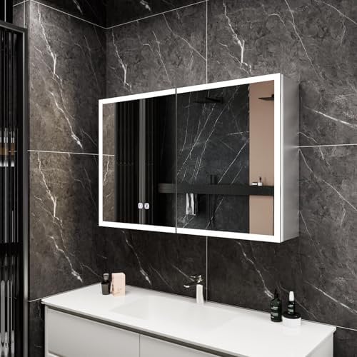 Mutital Badezimmer spiegelschrank mit Beleuchtung 80x14.5x60cm Aluminium Spiegelschrank Bad mit LED, 80 cm Breit Doppeltür Badschrank mit Spiegel und Ablage,Hängeschrank,Berührung Sensorschalter