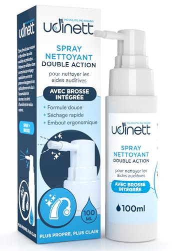 Spray Nettoyant pour Appareils Auditifs 100ml avec Brosse Udinett Hygienizer pour le Nettoyage des Écouteurs Bluetooth Séchage Rapide Elimine le Cérumen la Poussière et les Bactéries