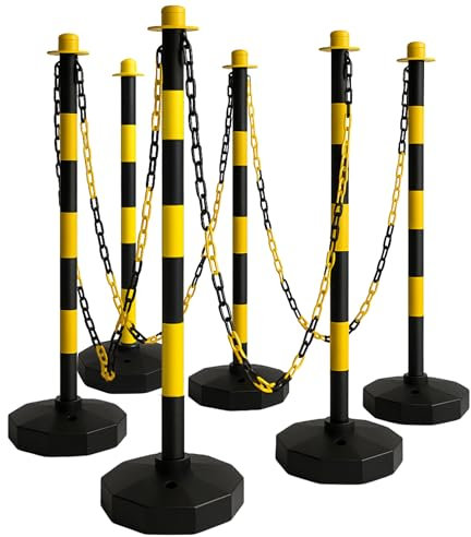 Technosafety - Set von 6 Absperrpfosten Gelb-Schwarz mit 22M Kette - Kunststoff-Kettenpfosten und Absperrkette